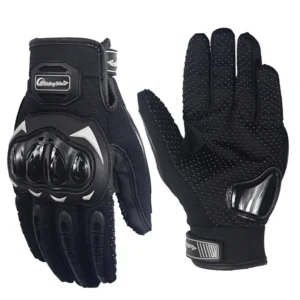 Black e-bike gloves displayed on a rider's hands for safety and comfort, available at E-BIKEDEALS